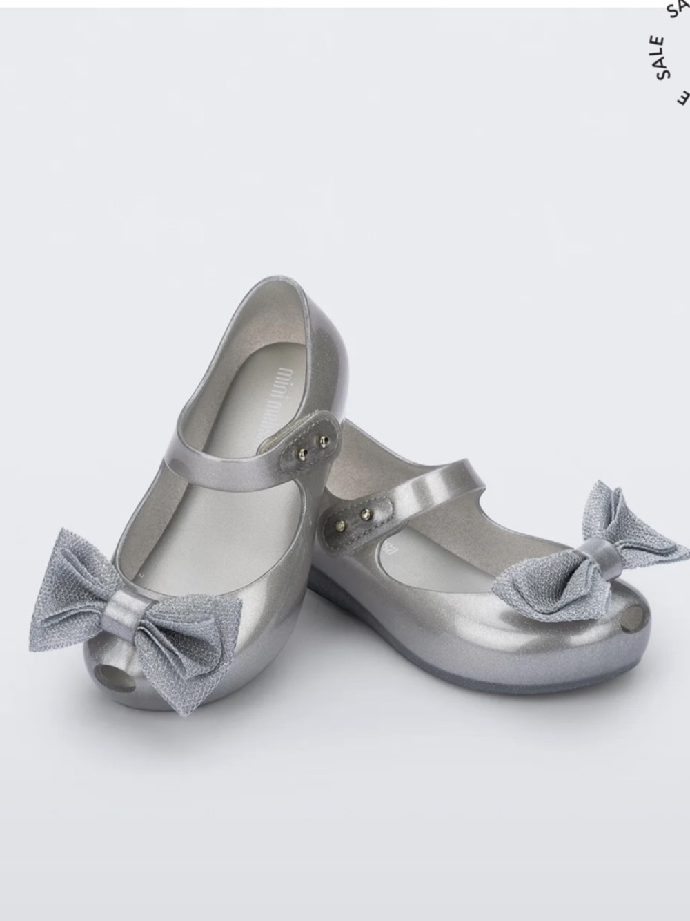 Mini Melissa Metallic Silver Bow Mary Jane Shoes